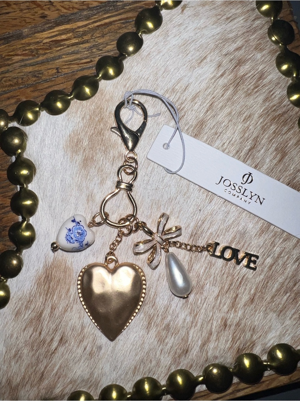 Josslyn Gold Heart Charm Keychain with Pearl and Floral Accents